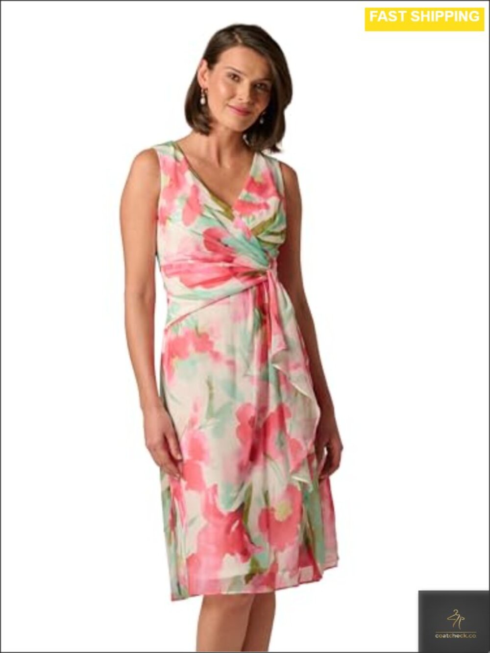 Adrianna Papell Draped Chiffon Midi Dress Twist Knot Floral Formal Party